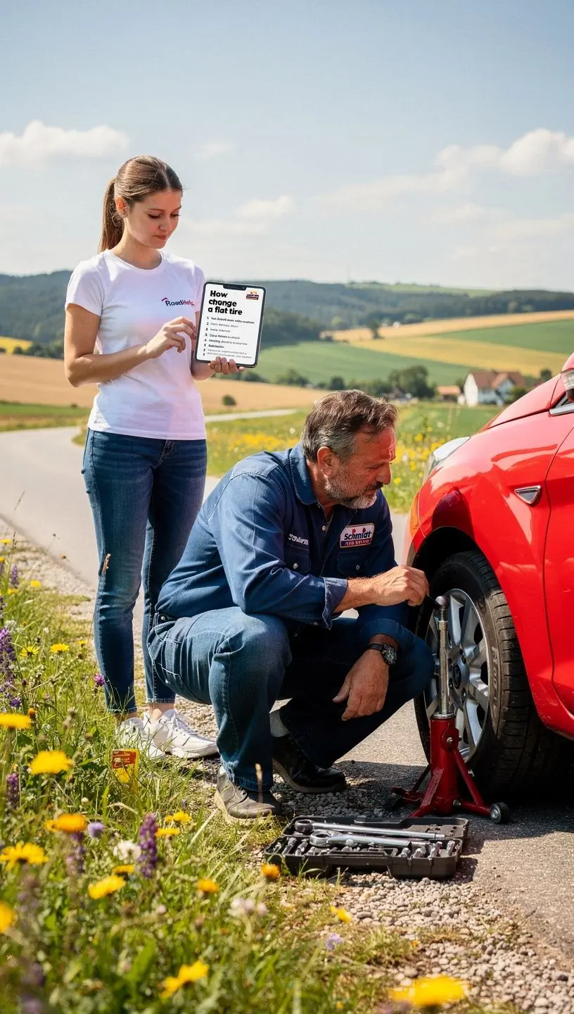 Fahrzeughalter folgt Schritt-für-Schritt-Anleitung auf Smartphone zur Pannenhilfe bei Reifenschaden.