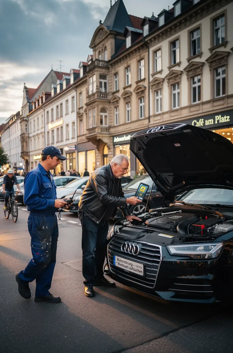 Werkstattmitarbeiter erklärt Kunden die Bedeutung der Kontrollleuchten und empfiehlt nächsten Service.